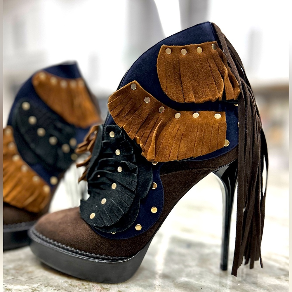 Burberry New Authentic Suede Studded Fringe Platform Boots